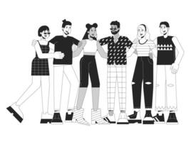 DIverse community bw concept vector spot illustration. Multinational friendly people. 2D cartoon flat line monochromatic characters on white for web UI design. Editable isolated outline hero image