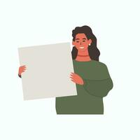 Happy young woman holding a blank placard. Promotion, business, advertising concept. Vector illustration.