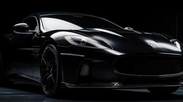 Close up front view of black sports car with copy space. Generative AI photo