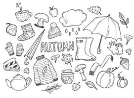 Autumn doodles. Hand drawn set of sketches rubber boots,cloud, book, cup of tea, sweater, umbrella, pie, apple, mushrooms, leaves, flowers etc. Isolated objects on white background vector