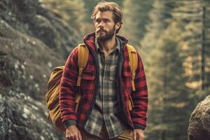 Handsome bearded man with backpack in the autumn forest. Travel and adventure concept. photo