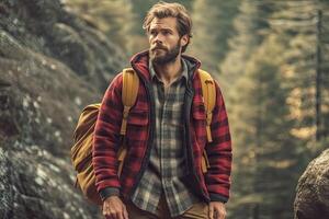 hermoso barbado hombre con mochila en el otoño bosque. viaje y aventuras concepto. generativo ai foto