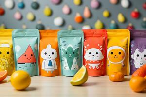 A close-up shot of a variety of creatively designed baby food pouches showcasing colorful labels and playful illustrations photo