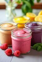 A close-up photo of various homemade fruit purees in colorful jars providing nutritious options for babies palates