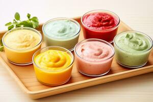 A close-up photo of a colorful and beautifully arranged tray of freshly pureed baby food showcasing variety and visual appeal