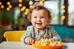 de cerca de un bebé felizmente disfrutando un vistoso plato de lleno de nutrientes vegano y vegetariano bebé comida opciones foto