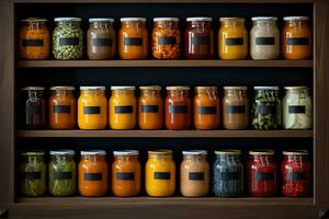 A neatly arranged pantry showcasing an assortment of labeled jars and containers filled with homemade baby food photo