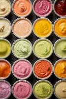 A close-up photo of a colorful and beautifully arranged tray of freshly pureed baby food showcasing variety and visual appeal