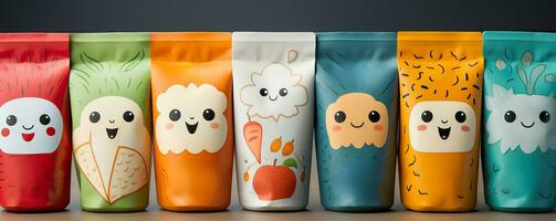 A close-up shot of a variety of creatively designed baby food pouches showcasing colorful labels and playful illustrations photo