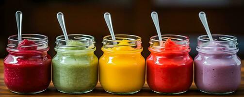 A close-up shot of a colorful array of homemade fruit purees ready to nourish and delight the little ones photo