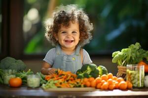 un padre alegremente purés Fresco orgánico frutas y vegetales creando nutritivo hecho en casa bebé comida con amor foto