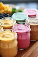 A close-up photo of various homemade fruit purees in colorful jars providing nutritious options for babies palates