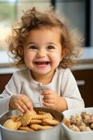 Curious little one explores new flavors eagerly nibbling on finger foods with a smile of pure delight photo