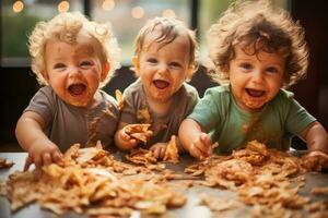 A close-up shot capturing a babys delight as they explore a variety of finger foods with messy enthusiasm photo