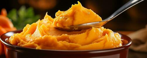 Close-up of a spoonful of mashed carrots highlighting the smoothness and vibrant color of early stage baby food photo