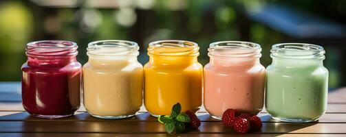 A close-up of colorful fruit purees in small jars ready to nurture and nourish growing little ones photo
