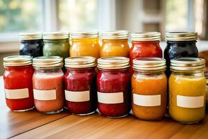 A close-up photo of neatly arranged labeled jars and containers filled with homemade baby food for convenient storage and organization