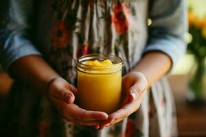 un de cerca foto de un madres mano suavemente participación un maduro orgánico manzana siguiente a un tarro de hecho en casa puré