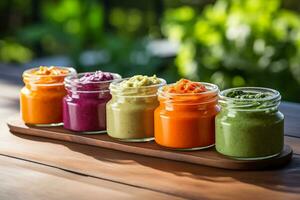 Colorful assortment of pureed vegetables in small glass jars ready to nourish and introduce the little ones to a world of delicious and healthy flavors photo