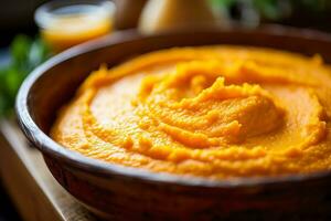 A close-up shot of a bright orange puree perfect for introducing carrots to babys diet photo