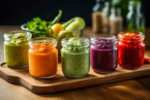 Colorful assortment of pureed vegetables in small glass jars ready to nourish and introduce the little ones to a world of delicious and healthy flavors photo