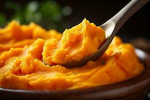 Close-up of a spoonful of mashed carrots highlighting the smoothness and vibrant color of early stage baby food photo