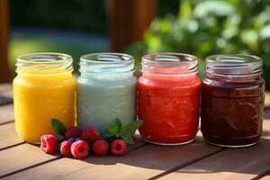 A close-up photo of various homemade fruit purees in colorful jars providing nutritious options for babies palates