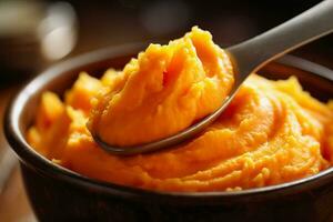 Close-up of a spoonful of mashed carrots highlighting the smoothness and vibrant color of early stage baby food photo