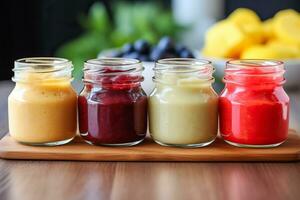 A close-up photo of various homemade fruit purees in colorful jars providing nutritious options for babies palates