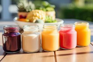 A close-up photo of various homemade fruit purees in colorful jars providing nutritious options for babies palates