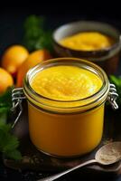 A close-up shot of a bright orange puree perfect for introducing carrots to babys diet photo