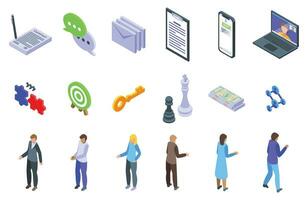 Negotiation icons set isometric vector. Hand shake vector