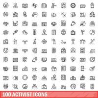 100 activist icons set, outline style vector