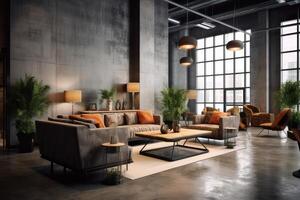 Hotel lobby with industrial style furniture profesional photograpy Ai Generated photo