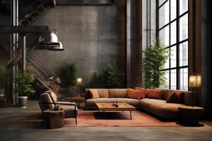 Hotel lobby with industrial style furniture profesional photograpy Ai Generated photo