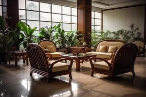 Hotel lobby with chinese style furniture profesional photograpy Ai Generated photo