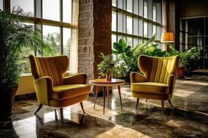 Hotel lobby with vintage style furniture profesional photograpy Ai Generated photo