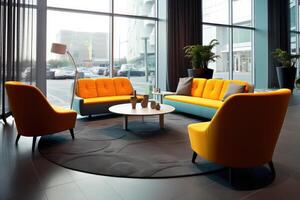 Hotel lobby with urban style furniture profesional photograpy Ai Generated photo