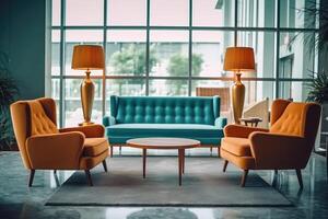 Hotel lobby with vintage style furniture profesional photograpy Ai Generated photo