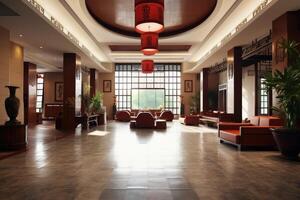 Hotel lobby with chinese style furniture profesional photograpy Ai Generated photo