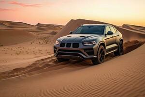 luxury car on sand dunes. Generative AI photo