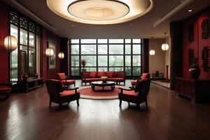 Hotel lobby with chinese style furniture profesional photograpy Ai Generated photo