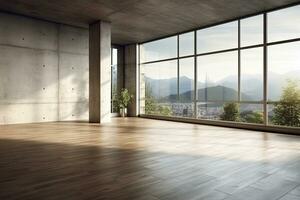 Empty room with panoramic window and mountain view. Generative AI photo