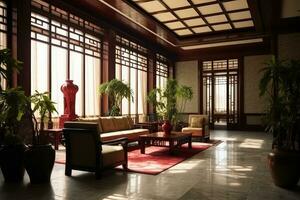 Hotel lobby with chinese style furniture profesional photograpy Ai Generated photo