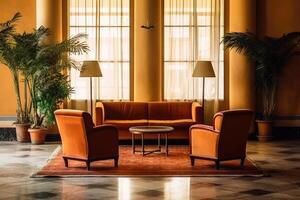 Hotel lobby with vintage style furniture profesional photograpy Ai Generated photo