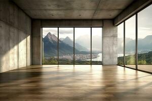 Empty room with panoramic window and mountain view. Generative AI photo