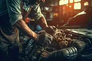 Close-up of mechanic hands repairing car engine in auto repair shop. Generative AI photo