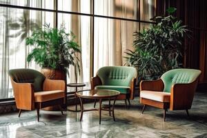 Hotel lobby with vintage style furniture profesional photograpy Ai Generated photo