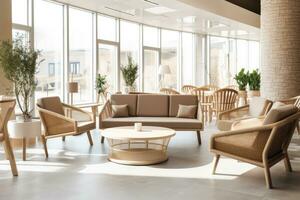 Hotel lobby with Scandinavian style furniture profesional photograpy Ai Generated photo