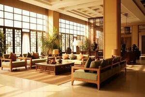 Hotel lobby with chinese style furniture profesional photograpy Ai Generated photo